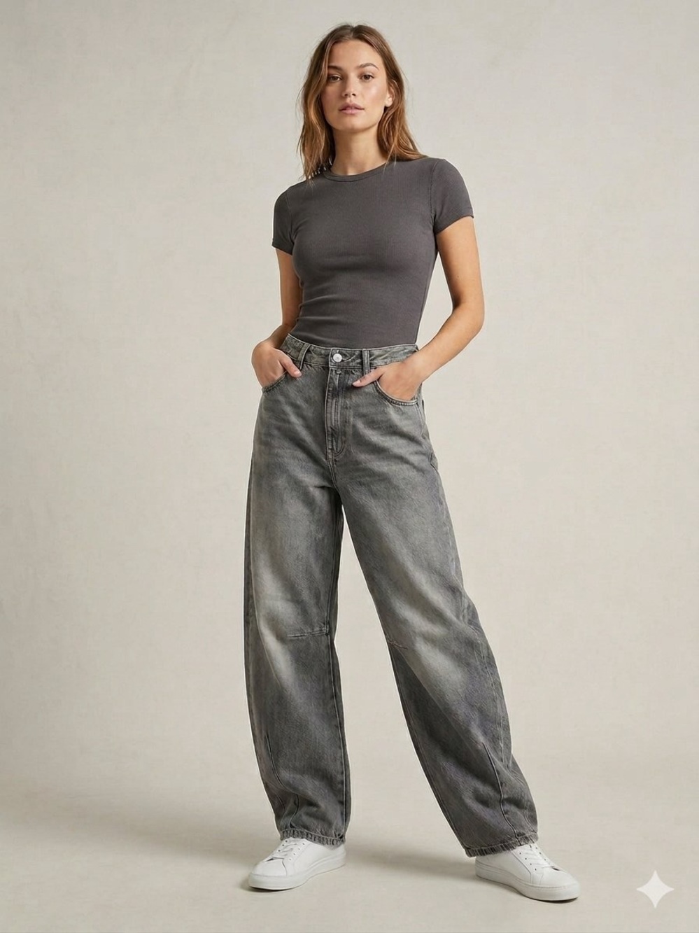 Zara Mid Waist Baggy Balloon Barrel Jean in Washed Blue Grey